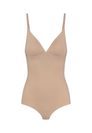 Body nu avec des bretelles ajustables fines, un design en V, une texture sans couture et une forme ajustée pour une silhouette lisse.