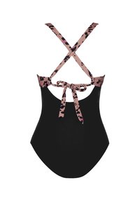 Eén-delig badpak met een zwarte basis en roze luipaardprint banden, met een kruisrugontwerp en een strikdetail in de taille.