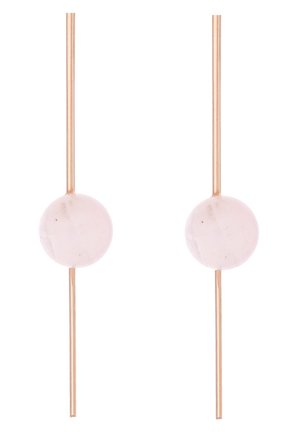 Rosenquarz-Ohrringe mit goldfarbenem Metall, die eine glatte, sphärische Perle und ein elegantes, längliches Design aufweisen.