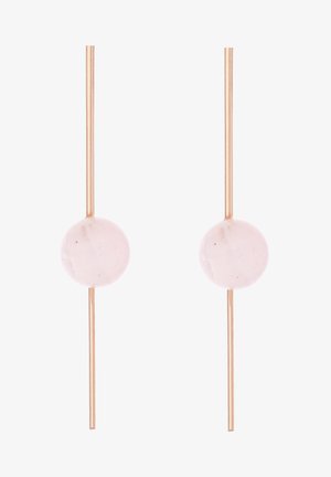 Rose quartz drop earrings with gold-toned metal, featuring a smooth spherical bead and a sleek, elongated design.