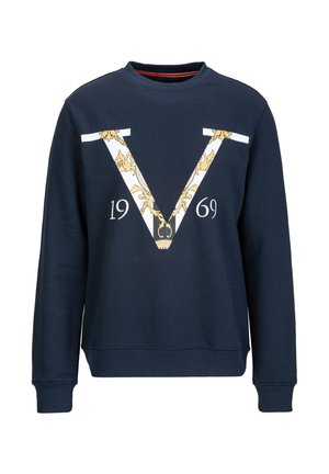 Marineblaues Baumwoll-Sweatshirt mit einem großen weißen und goldenen "V"-Grafik und "1969" darunter. Hat lange Ärmel und einen runden Halsausschnitt.