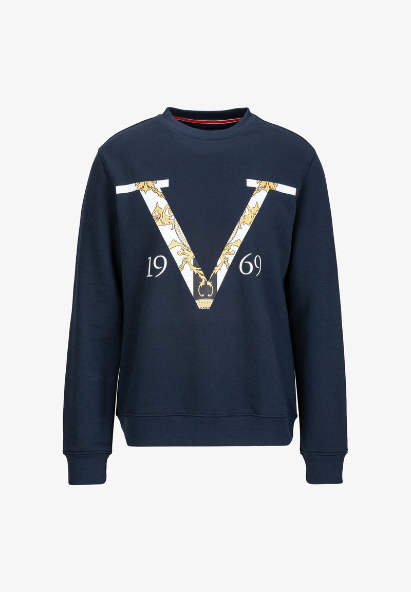 Marineblaues Baumwoll-Sweatshirt mit einem großen weißen und goldenen "V"-Grafik und "1969" darunter. Hat lange Ärmel und einen runden Halsausschnitt.