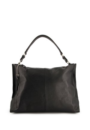 Schwarze Lederhandtasche mit strukturierter Oberfläche, kurzem Griff und einem Reißverschlusstaschen-Detail an der Seite.