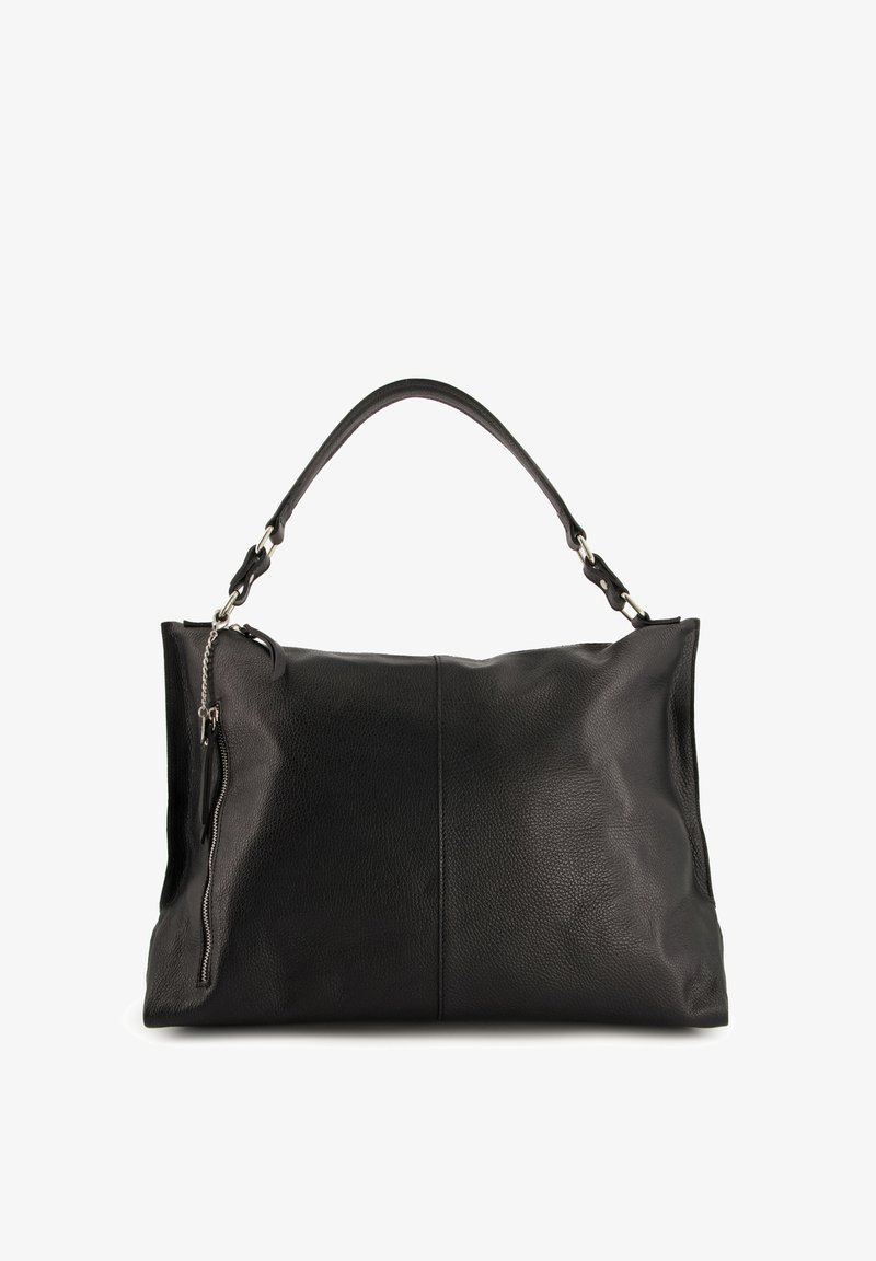 Black leather handbag with a textured surface, featuring a wide body, short handle, and a side zipper pocket with silver hardware.