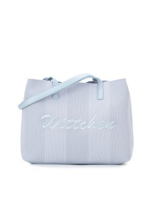 Lichtblauwe tas van gestructureerde stof met gladde leren handvatten. Heeft een geborduurd "Wittchen" logo aan de voorkant. Eenvoudig rechthoekig ontwerp.