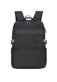 Zaino nero con spallacci imbottiti, molteplici scomparti con cerniera, tessuto testurizzato e accenti in hardware beige a contrasto.