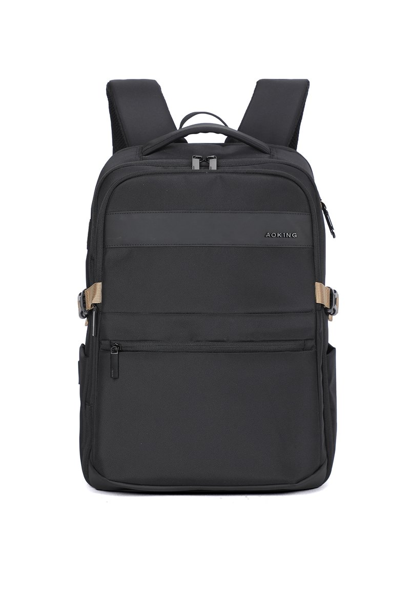 Zaino nero con spallacci imbottiti, molteplici scomparti con cerniera, tessuto testurizzato e accenti in hardware beige a contrasto.