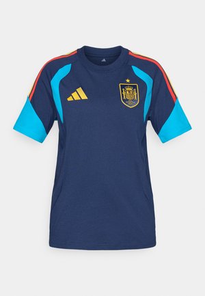 Navy blue sports shirt with short sleeves, light blue accents, and red stripes; features a golden Spain crest and Adidas logo.