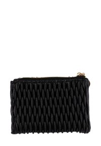 Borsetta nera realizzata in materiale sintetico testurizzato, con un design plissettato e zipper dorato. Forma compatta, adatta per piccoli oggetti essenziali.