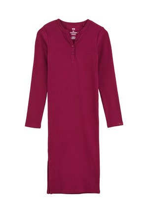 Vestido de manga larga, burdeos, de canalé con escote henley, tapeta de tres botones y aberturas laterales para mayor comodidad al moverse.
