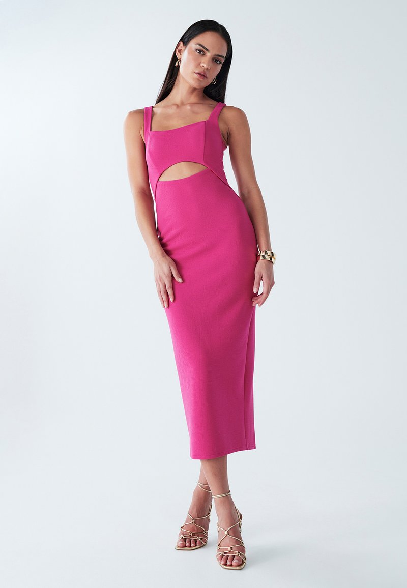 strapless open back dress Just Getting Started Fuchsia Pink & Orange Cotton Tie Strap Midi Dress main image 1