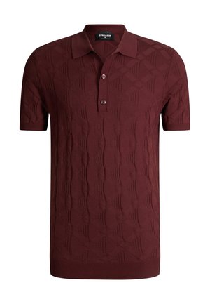 Kurzärmeliges burgunderrotes Polohemd mit strukturiertem geometrischem Muster, gerippten Bündchen, Kragen und Zwei-Knopf-Leiste.
