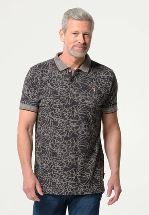 Korte mouwen polo shirt in donkergrijs met bloemenpatroon; heeft een kraag met contrasterende gestreepte afwerking en knoopdetail.