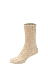 Beżowe skarpety prążkowane z mankietem o średniej długości, ozdobione fakturowanym wzorem i gładkim szwem na palcach, wykonane z miękkiego dzianinowego materiału.