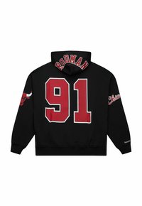 Sweat à capuche noir avec des accents rouges. "RODMAN" au-dessus d'un grand "91" dans le dos, logo des Bulls sur la manche gauche, poignets et ourlet côtelés.