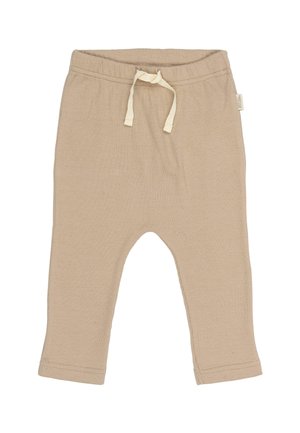 Bež hlače iz bombaža z rebrasto teksturo, elastičnim pasom in vrvico. Imajo zožene noge in prišite robove.