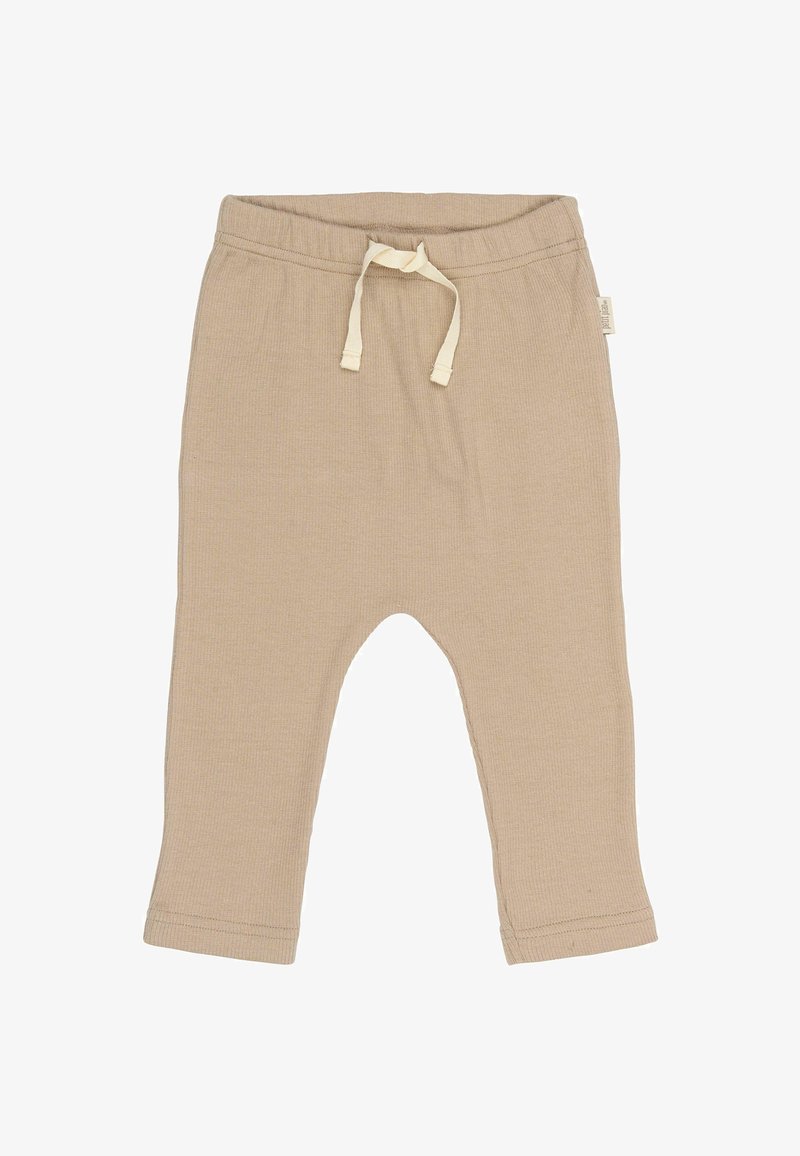 Bež hlače iz bombaža z rebrasto teksturo, elastičnim pasom in vrvico. Imajo zožene noge in prišite robove.