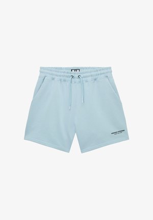 Light blue elastic waist shorts with drawstring, side pockets, and small black "Weekend Offender Admit Nothing" text on the lower left leg.