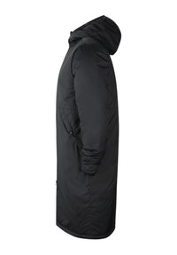 Schwarzer langer Parka mit Kapuze, Reißverschlusstaschen an den Seiten und elastischen Bündchen, aus glattem, wasserabweisendem Material mit geradem Schnitt.