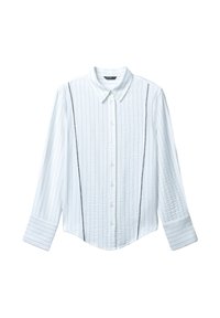 Camicia bianca a maniche lunghe con sottili righe verticali, taschino frontale, colletto classico e pieghe laterali per una vestibilità rilassata. Tessuto morbido.