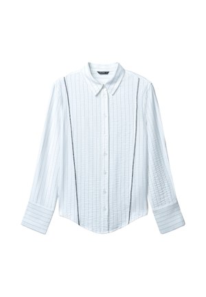 White long-sleeve shirt with vertical thin stripes, buttoned front, classic collar, and side pleats for a relaxed fit. Soft fabric texture.
