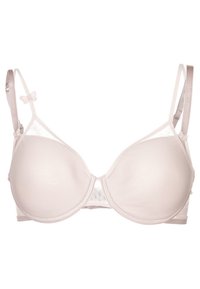Sujetador acolchado de color rosa claro con paneles de malla transparente y tirantes ajustables. Presenta lazos decorativos en los tirantes y una textura suave.
