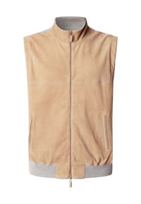 Chaleco de ante beige con un collar alto y cremallera frontal, que cuenta con dos bolsillos laterales y un dobladillo acanalado en gris. Textura suave, diseño minimalista.