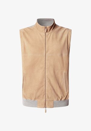 Gilet en suédine beige avec un col montant et une fermeture éclair devant, comportant deux poches latérales et un ourlet en côtes gris. Texture lisse, design minimaliste.