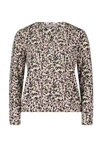 Langarmbluse mit V-Ausschnitt, ausgestattet mit einem geometrischen Muster in Pink, Beige und Schwarz. Weicher Stoff mit einer lockeren Passform und abgerundetem Saum.