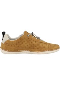 Bruna mockasiner i mocka med perforerade detaljer, en krämfärgad mellansula och elastiska snörningar med en dragflik vid hälen för enkel påtagning.