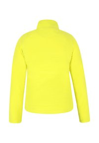 Langærmet jakke med høj hals i lyst gult fleece-stof med en glat tekstur. Bagansigtet viser en lige kant og ingen synlige lukninger.