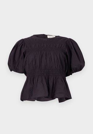 Schwarze Bluse mit Puffärmeln, gerafften Details an Brust und Taille, rundem Ausschnitt und ausgestelltem Saum.