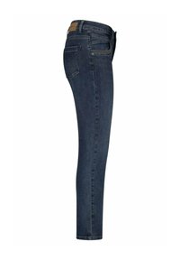 Skinny jeans in donkerblauwe denim, met een middelhoge taille, vijf zakken en een leren label op de achterste tailleband. Soepele textuur.
