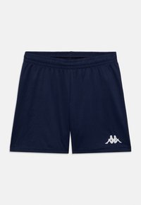 Marinblå idrottsshorts i lättviktstyg, med resårmidja och en vit logotyp på nedre vänstra sidan.