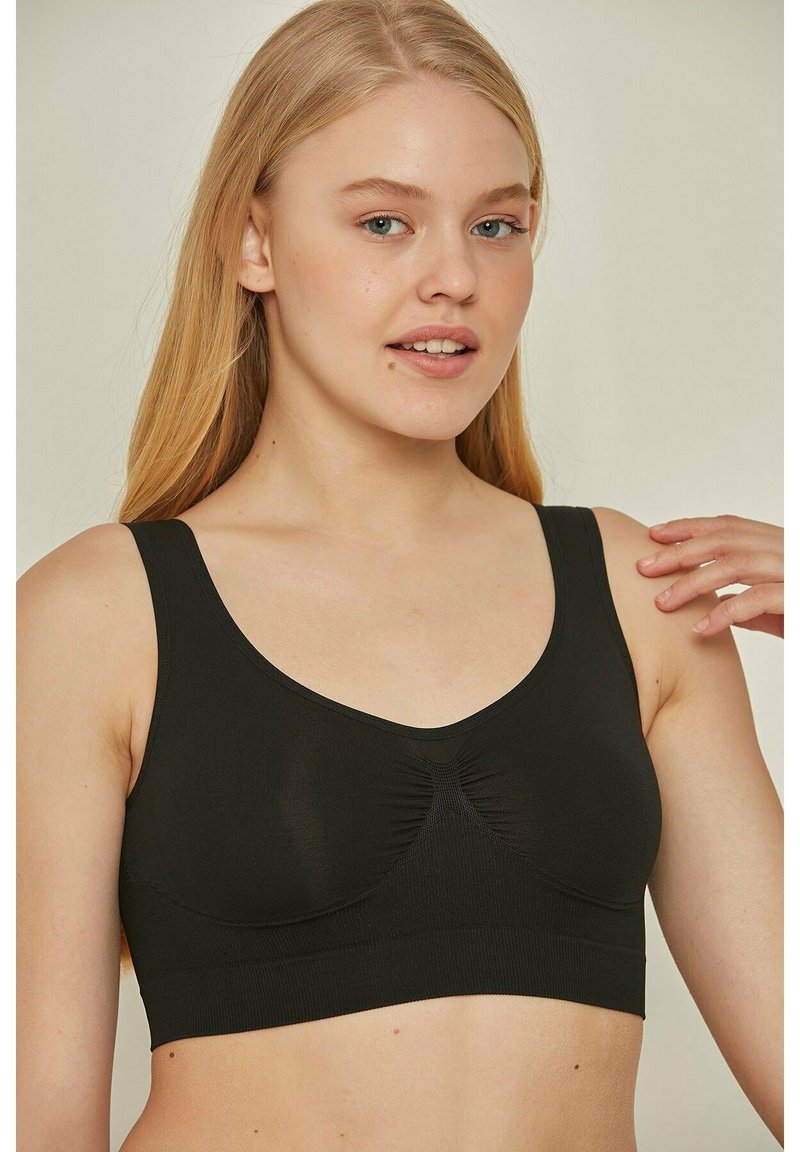 Schwarzer Bralette aus elastischem Material, mit weitem Ausschnitt, breiten Trägern und dezentem Raffungselement in der Mitte.