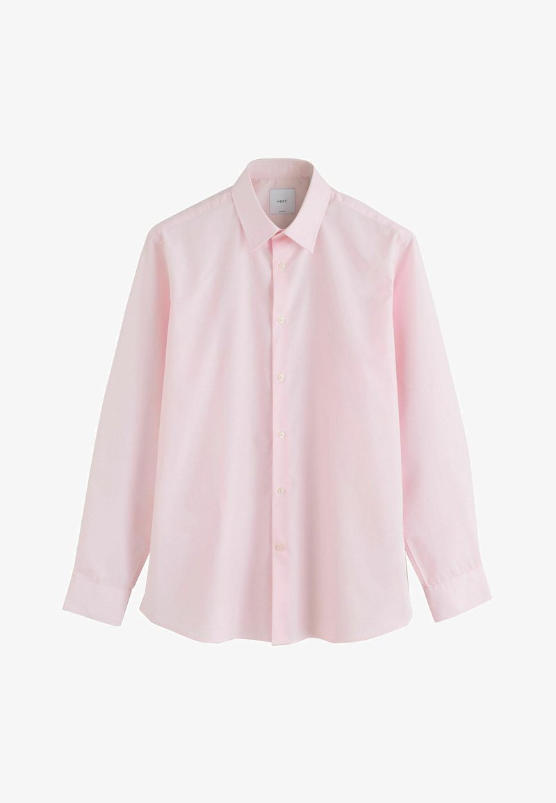 Hele roosa meeste pika varrukaga särk terava krae ja nööpidega ees, esitletud valgel taustal.