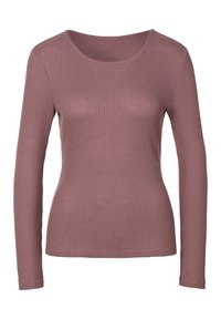 Langärmliges, geripptes Oberteil in Mauve mit rundem Halsausschnitt und figurbetontem Schnitt, das einen strukturierten Stoff und nahtlose Bündchen aufweist.