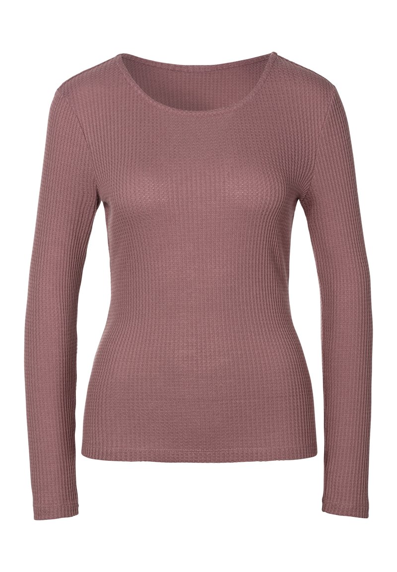 Langärmliges, geripptes Oberteil in Mauve mit rundem Halsausschnitt und figurbetontem Schnitt, das einen strukturierten Stoff und nahtlose Bündchen aufweist.