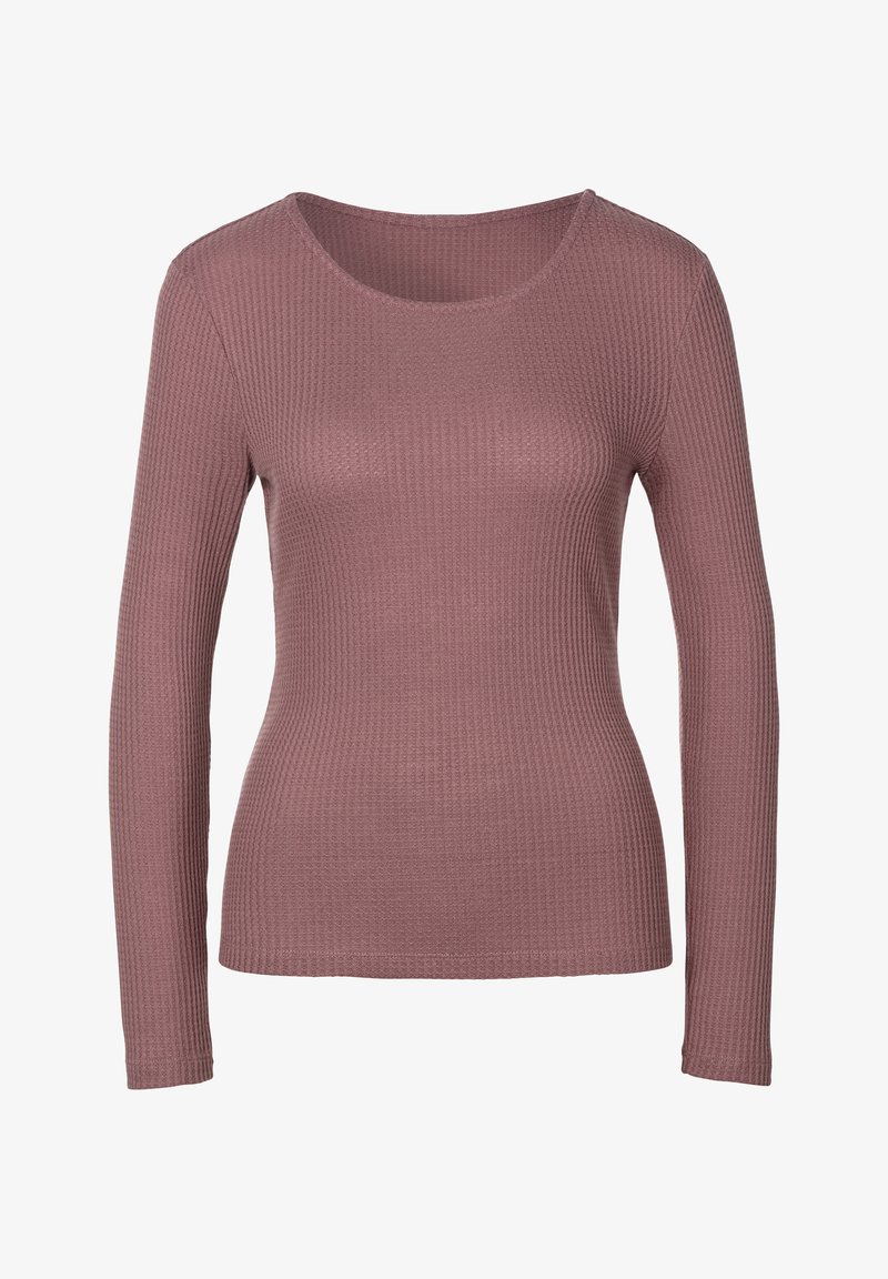 Langärmliges, geripptes Oberteil in Mauve mit rundem Halsausschnitt und figurbetontem Schnitt, das einen strukturierten Stoff und nahtlose Bündchen aufweist.