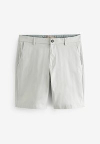 Helle graue Shorts aus weichem Stoff, mit einem Knopfverschluss, zwei Seitentaschen und einem klaren, schlichten Design ohne Muster.