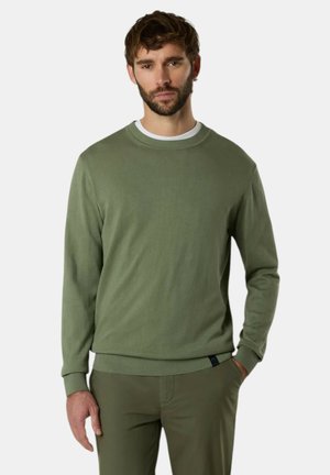 Uomo con capelli castani corti e barba, che indossa un maglione verde oliva chiaro e pantaloni abbinati, posa con una mano in tasca su sfondo bianco.