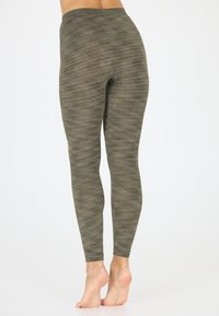 Olijfgroene leggings, aansluitend design met een subtiele gemeleerde textuur, gladde afwerking en elastische tailleband, geschikt voor actieve kleding.