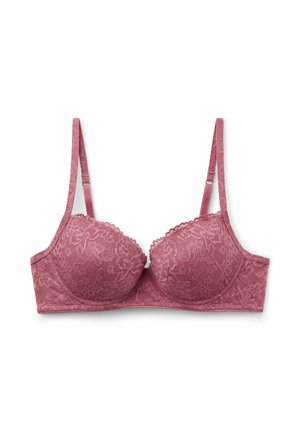 Soutien-gorge en dentelle rose poudré avec bonnets rembourrés, bords festonnés et bretelles réglables. Motif floral présent sur toute la surface pour plus de détails et de texture.