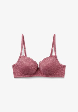 Soutien-gorge en dentelle rose poudré avec bonnets rembourrés, bords festonnés et bretelles réglables. Motif floral présent sur toute la surface pour plus de détails et de texture.