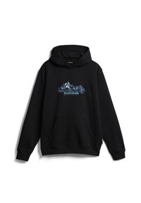 Sweat à capuche noir avec un motif de montagne en bleu et blanc, doté d'une poche kangourou et d'une capuche à cordon. Confectionné en tissu doux et résistant.