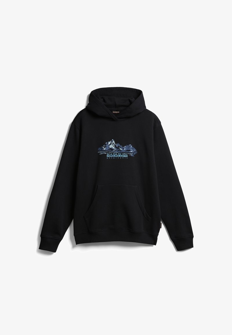 Sweat à capuche noir avec un motif de montagne en bleu et blanc, doté d'une poche kangourou et d'une capuche à cordon. Confectionné en tissu doux et résistant.