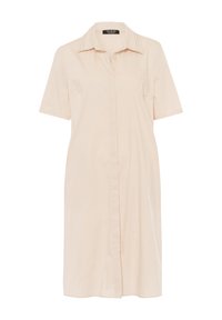 Robe chemise beige clair avec col, manches courtes, ouverture à boutons à l'avant et deux poches latérales. Tissu lisse avec une texture unie.