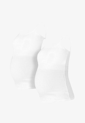 Dwie białe koszulki ciążowe z regulowanymi cienkimi ramiączkami, elastycznym materiałem oraz dopasowanym krojem, zapewniającym komfort w czasie ciąży.