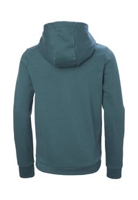 Bluza z kapturem w kolorze teal, o regularnym kroju, miękkiej teksturze, prążkowanych mankietach i dolnym wykończeniu, o prostym designie i bez widocznych logo.