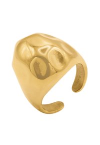 Goldfarbener Metallring mit einer strukturierten, unebenen Oberfläche und offenem Banddesign. Verfügt über abgerundete Akzente für eine einzigartige, organische Form.